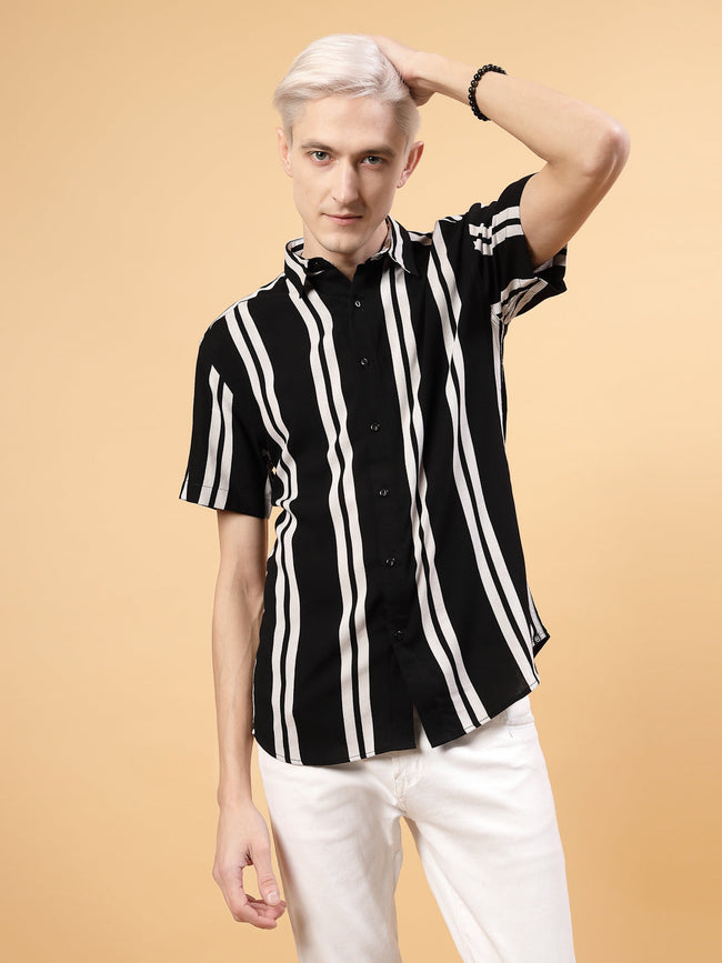 Men Classic Slim Fit Rayon Black Stripes Shirt