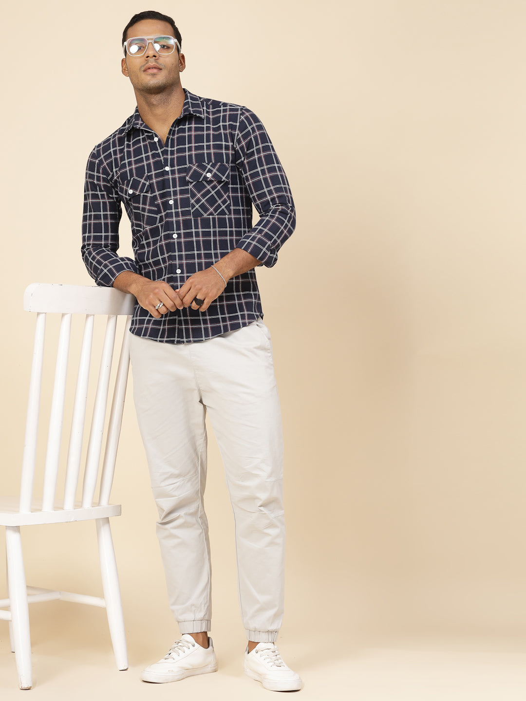 Men Cotton Fabric Checks Tailored Utility Shirt