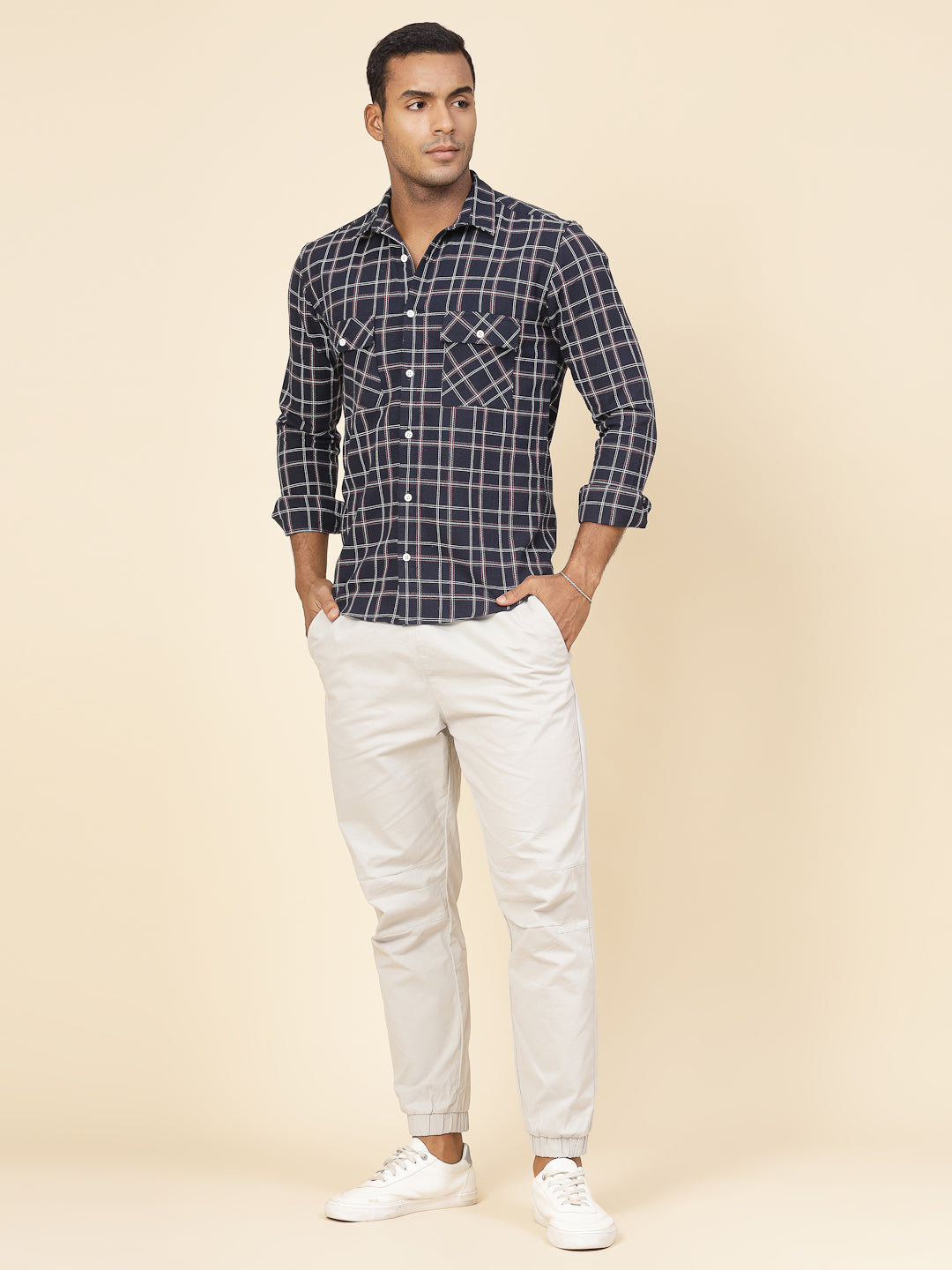 Men Cotton Fabric Checks Tailored Utility Shirt