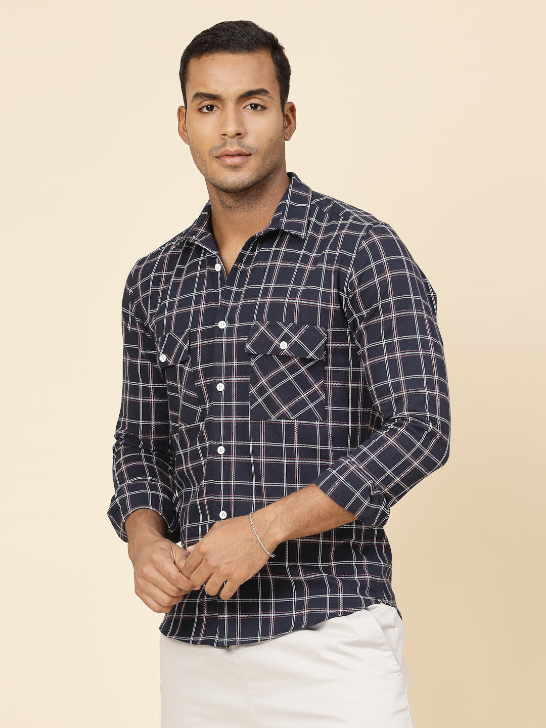Men Cotton Fabric Checks Tailored Utility Shirt