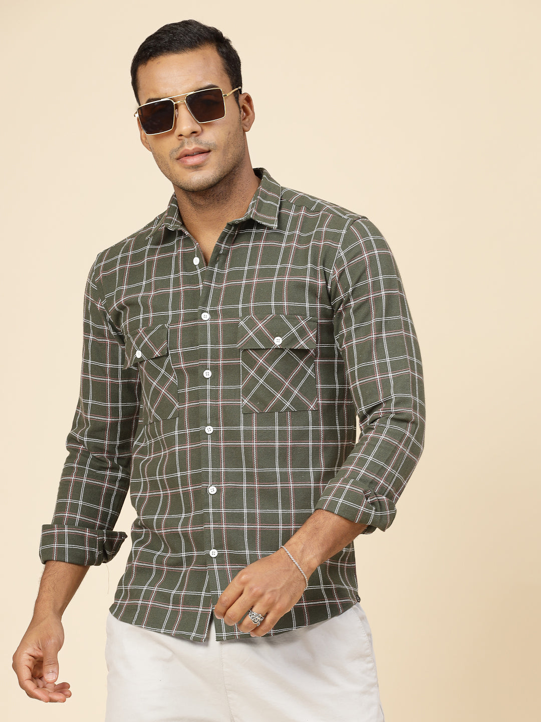 Men Cotton Fabric Checks Tailored Utility Shirt