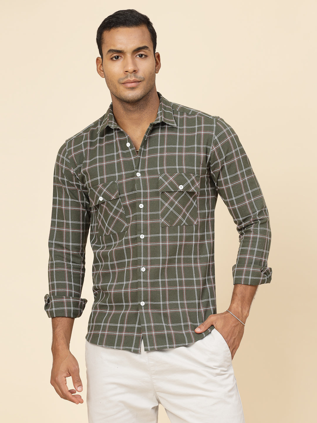 Men Cotton Fabric Checks Tailored Utility Shirt
