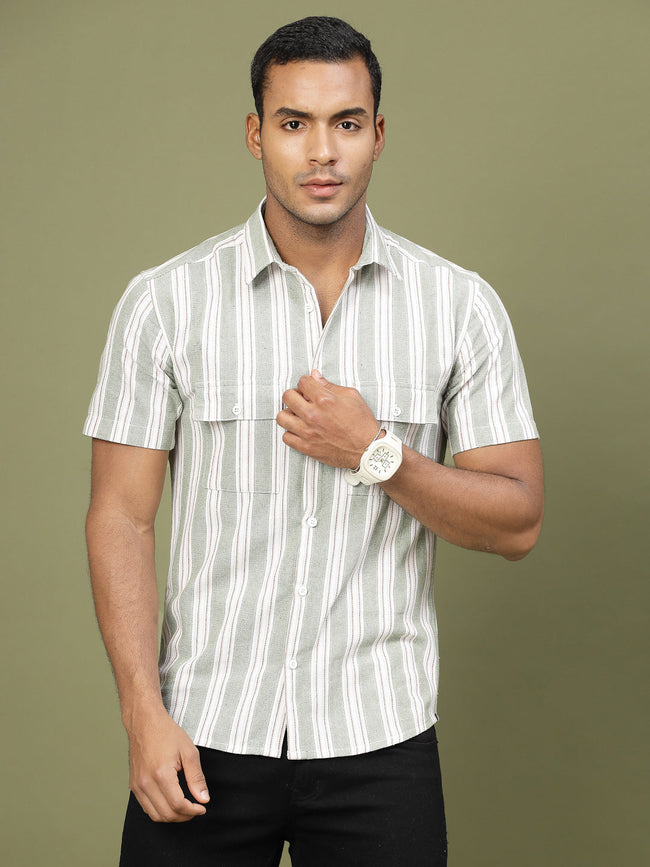 Men Cotton Fabric Stripe Tailored Utility Shirt