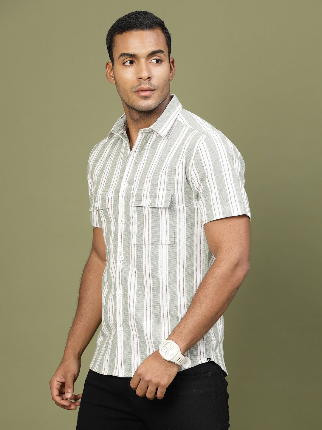 Men Cotton Fabric Stripe Tailored Utility Shirt