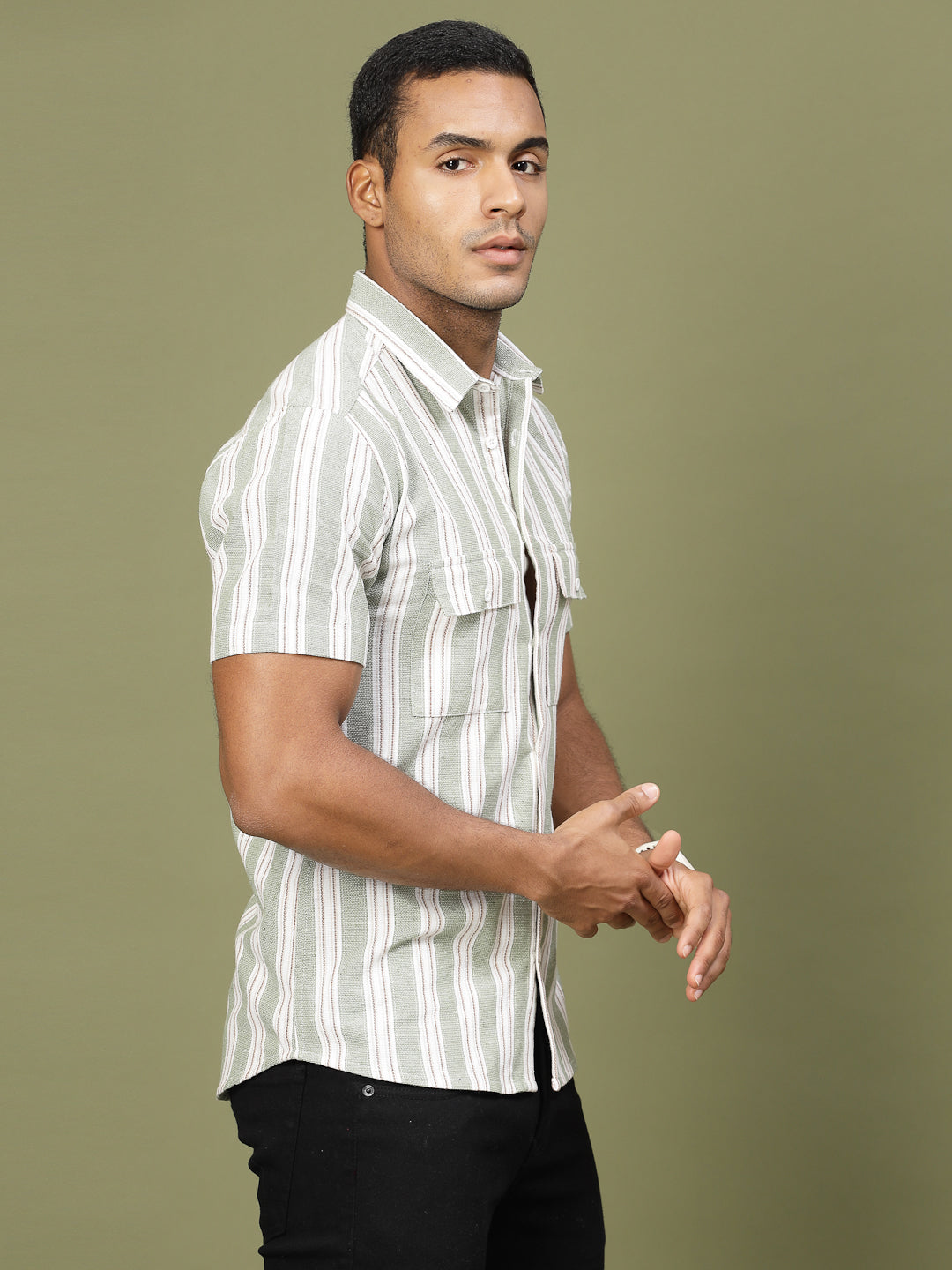 Men Cotton Fabric Stripe Tailored Utility Shirt