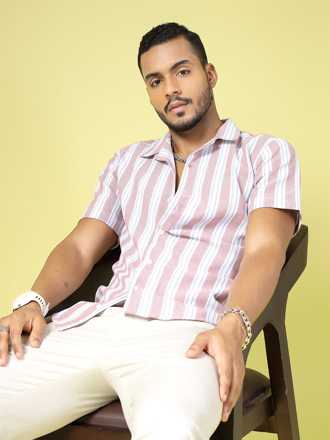 Men Cotton Fabric Striped Cuban Collar Shirt
