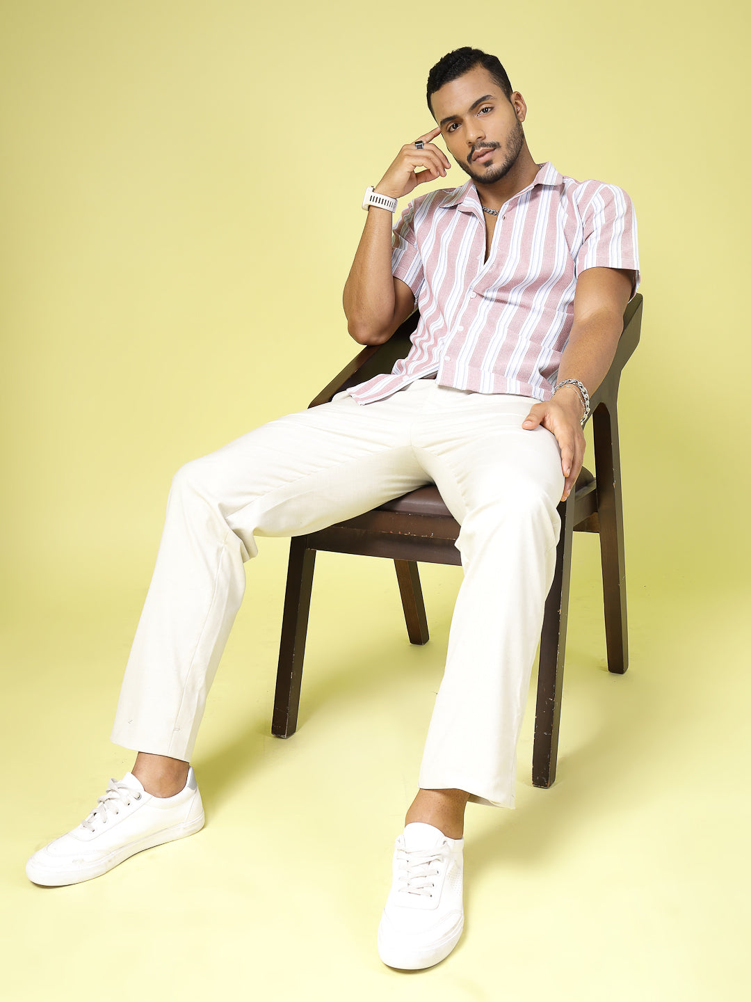 Men Cotton Fabric Striped Cuban Collar Shirt