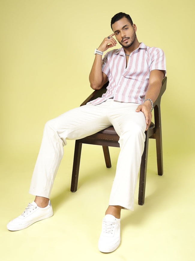 Men Cotton Fabric Striped Cuban Collar Shirt
