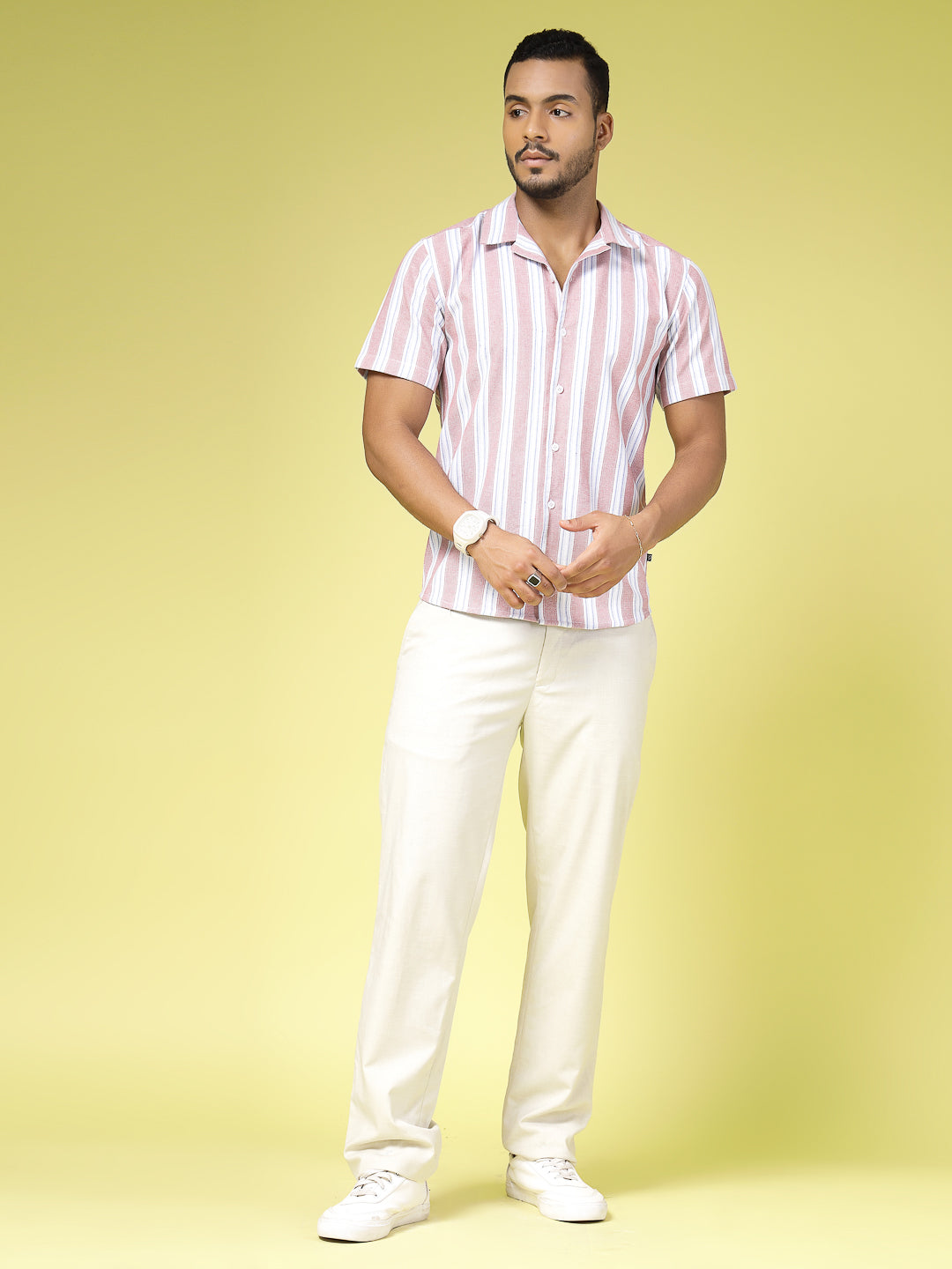 Men Cotton Fabric Striped Cuban Collar Shirt