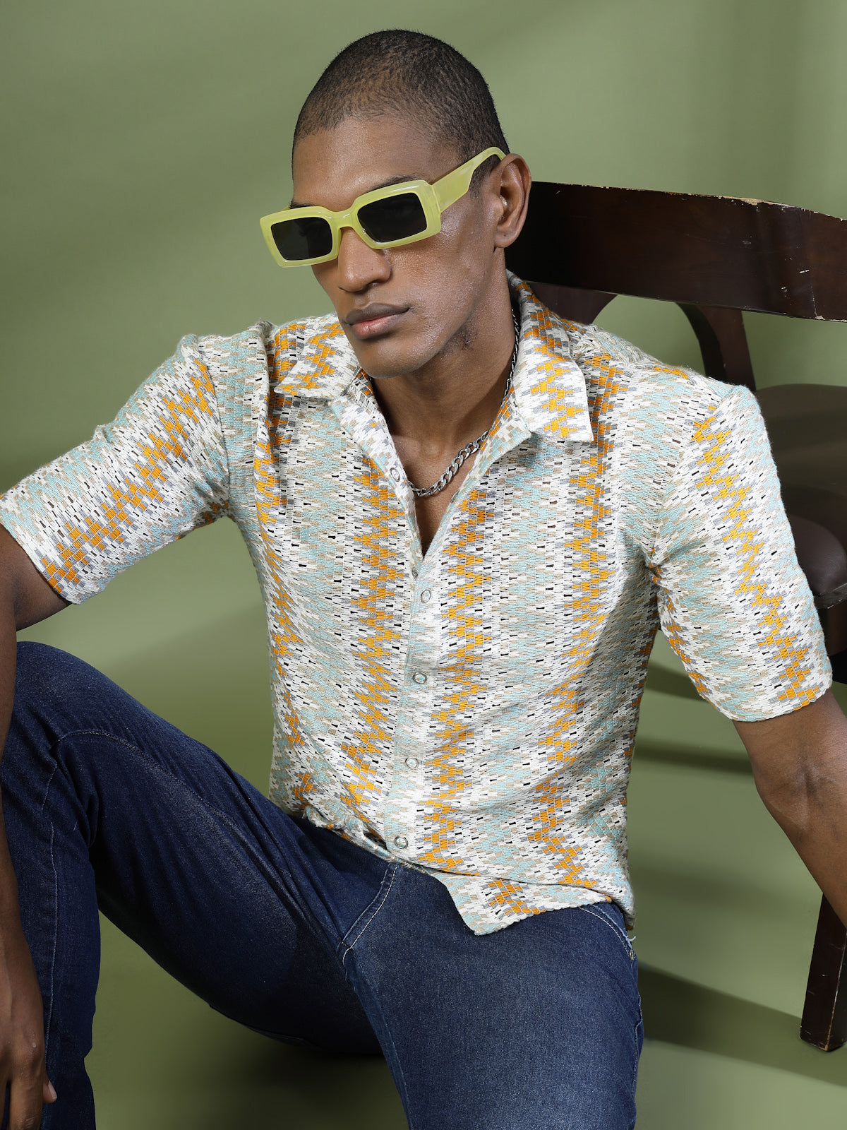 Men Crochet Knit Cuban Collar Zigzag Shirt