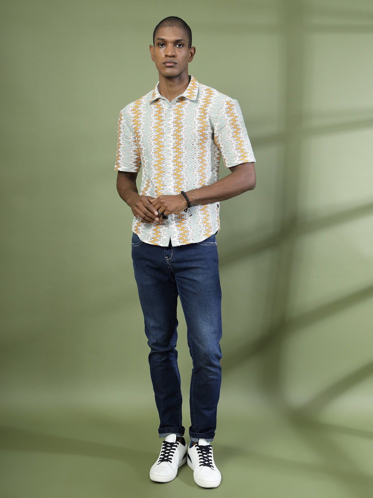 Men Crochet Knit Cuban Collar Zigzag Shirt