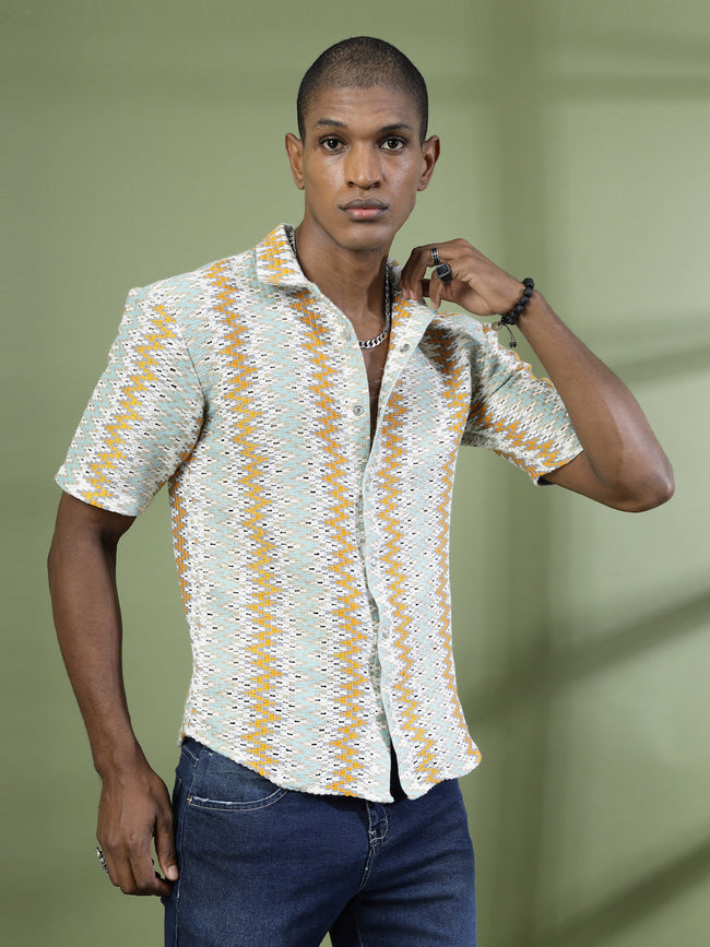 Men Crochet Knit Cuban Collar Zigzag Shirt