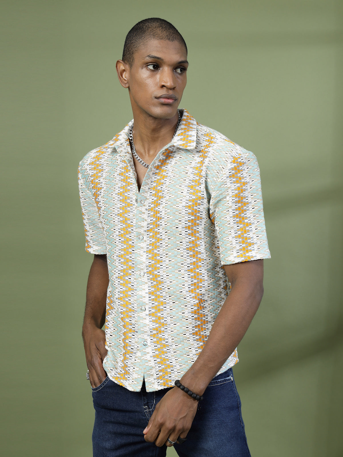 Men Crochet Knit Cuban Collar Zigzag Shirt