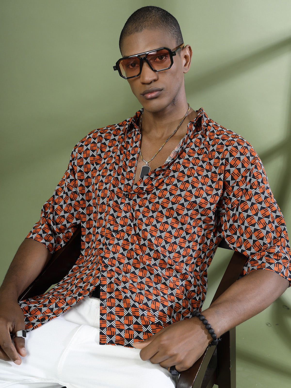 Men Oversized Geometric Rayon Shirt