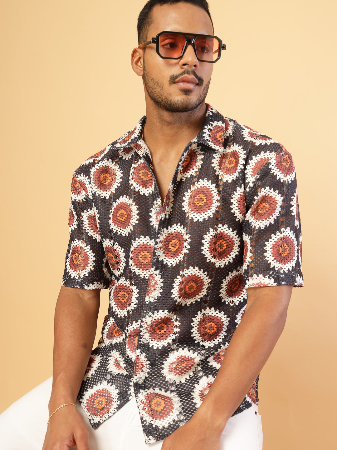 Men Botanical Print Crochet Cuban Collar Shirt