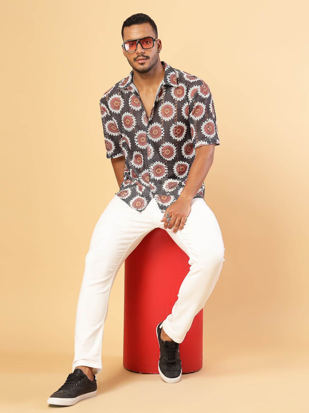 Men Botanical Print Crochet Cuban Collar Shirt