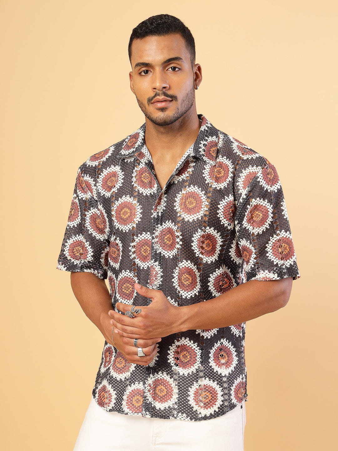 Men Botanical Print Crochet Cuban Collar Shirt