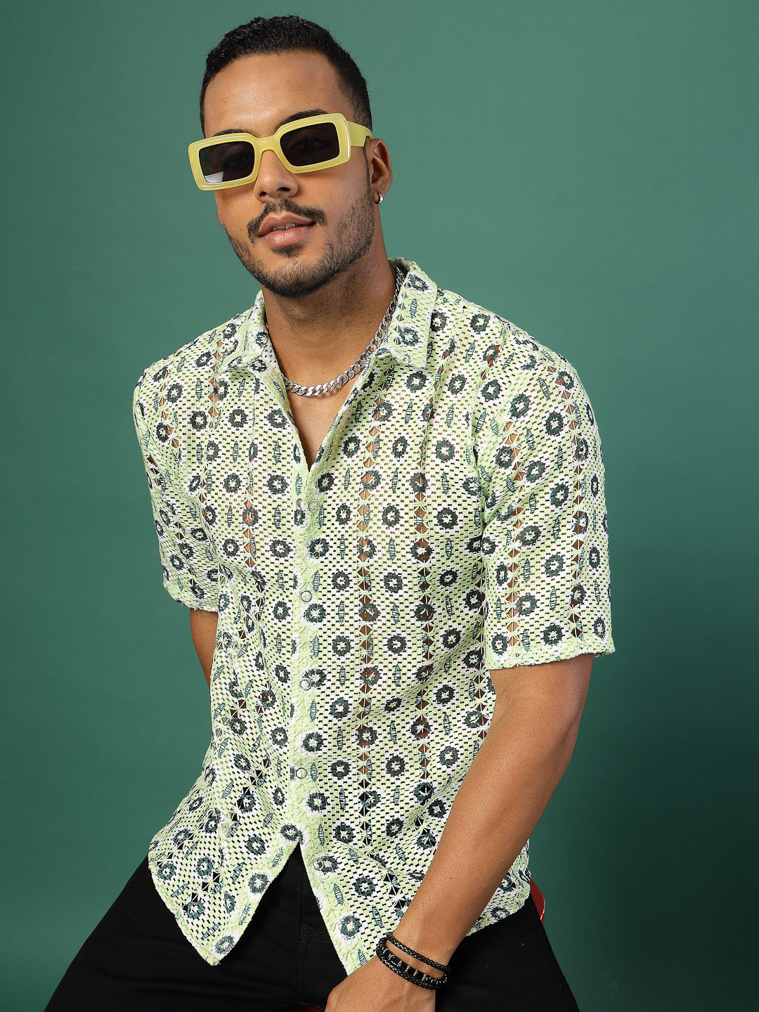 Men Botanical Crochet Cuban Collar Shirt