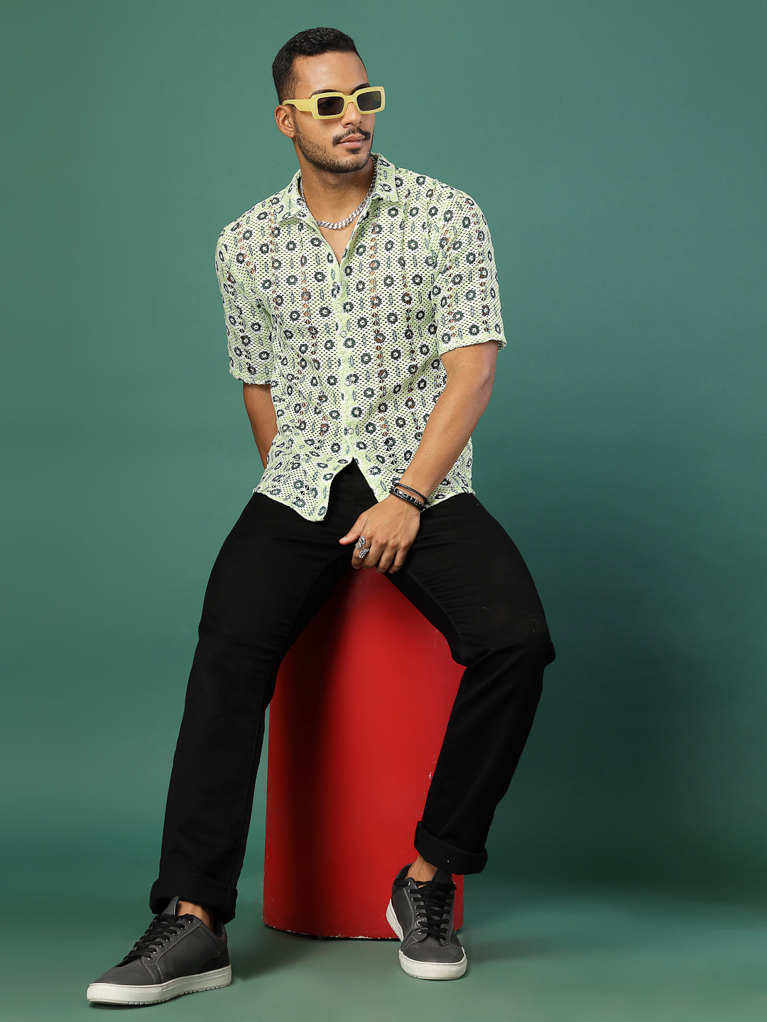 Men Botanical Crochet Cuban Collar Shirt