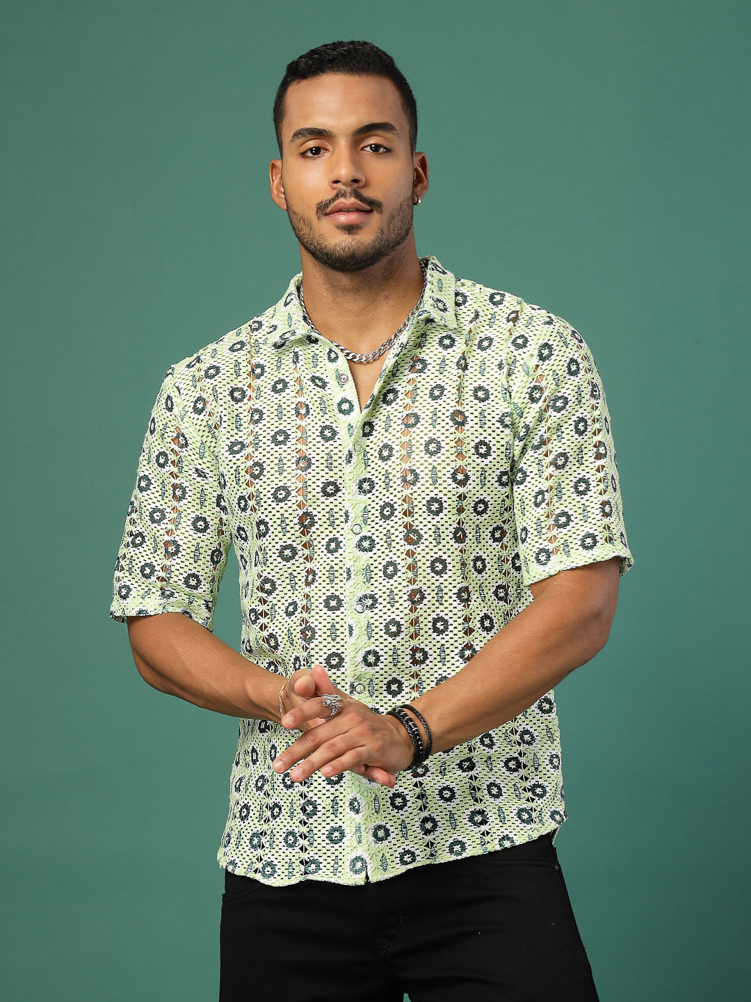 Men Botanical Crochet Cuban Collar Shirt