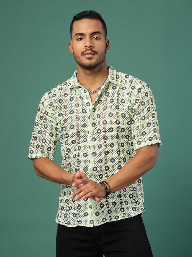 Men Botanical Crochet Cuban Collar Shirt