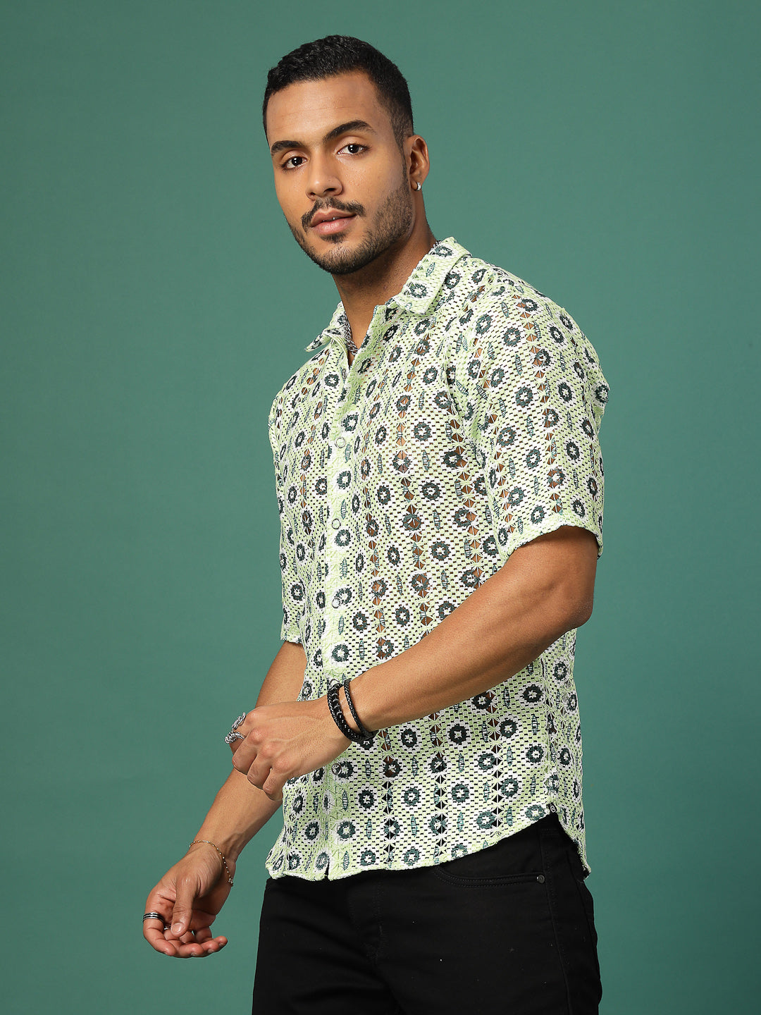 Men Botanical Crochet Cuban Collar Shirt