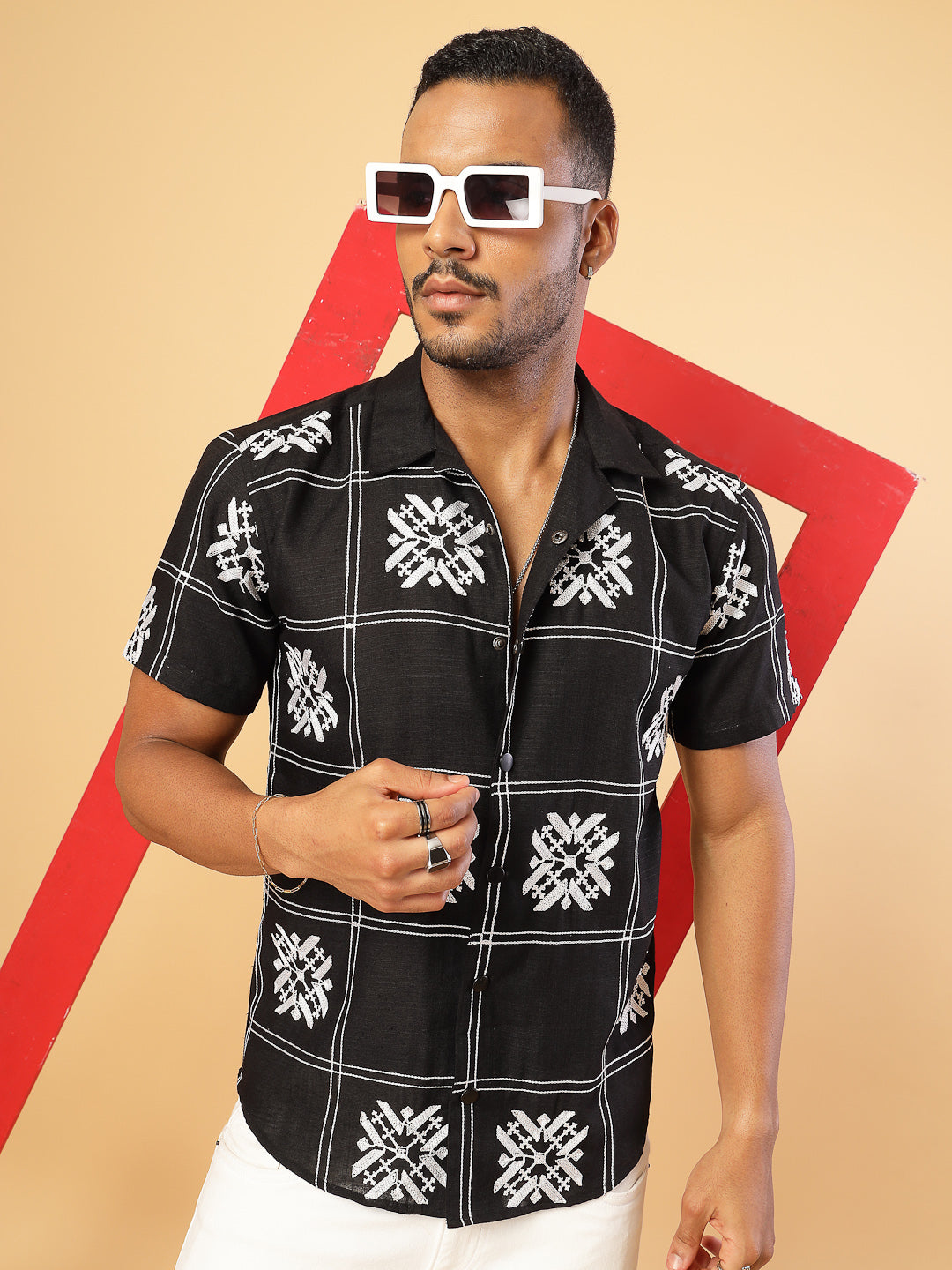 Men Cotton Fabric Linen Embroidered Half Sleeves Shirt