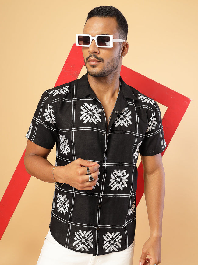 Men Cotton Fabric Linen Embroidered Half Sleeves Shirt