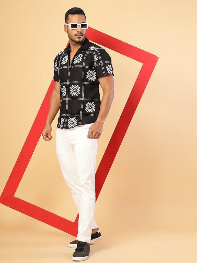 Men Cotton Fabric Linen Embroidered Half Sleeves Shirt