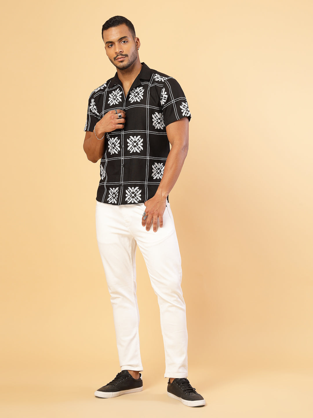 Men Cotton Fabric Linen Embroidered Half Sleeves Shirt