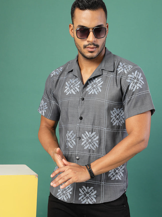 Men Cotton Fabric Linen Embroidered Half Sleeves Shirt