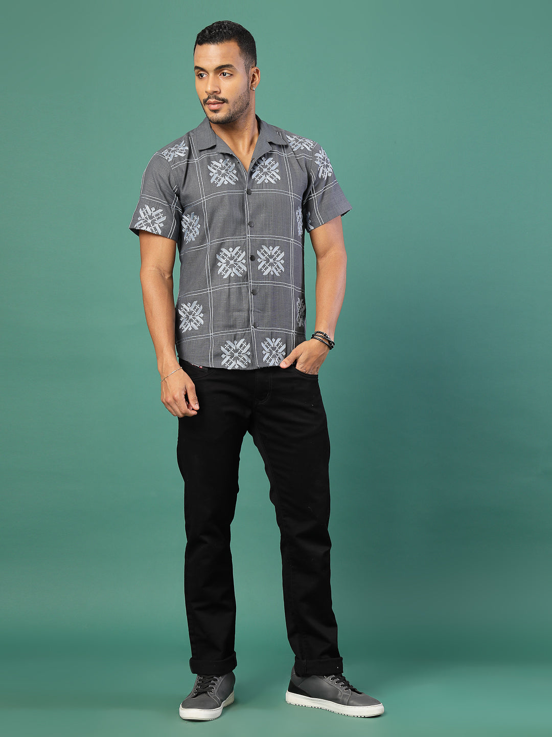 Men Cotton Fabric Linen Embroidered Half Sleeves Shirt