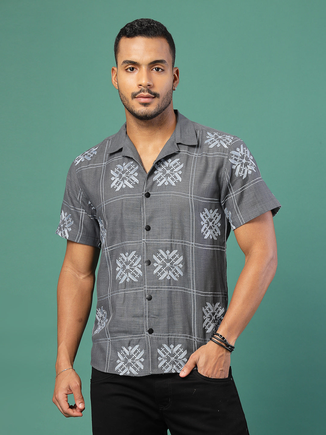 Men Cotton Fabric Linen Embroidered Half Sleeves Shirt