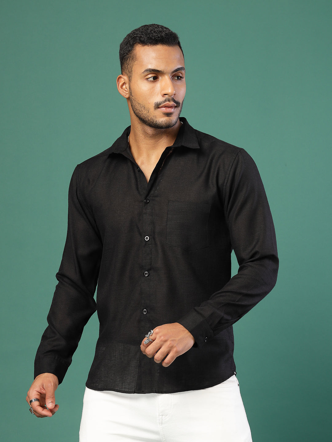 Men Cotton Fabric Linen Cutaway Collar Shirt