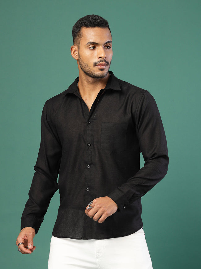 Men Cotton Fabric Linen Cutaway Collar Shirt
