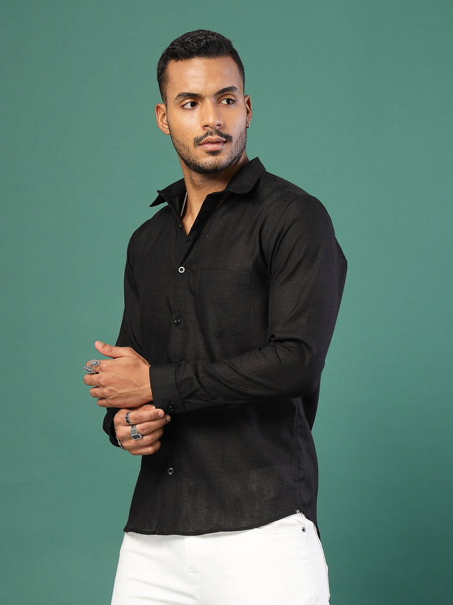 Men Cotton Fabric Linen Cutaway Collar Shirt