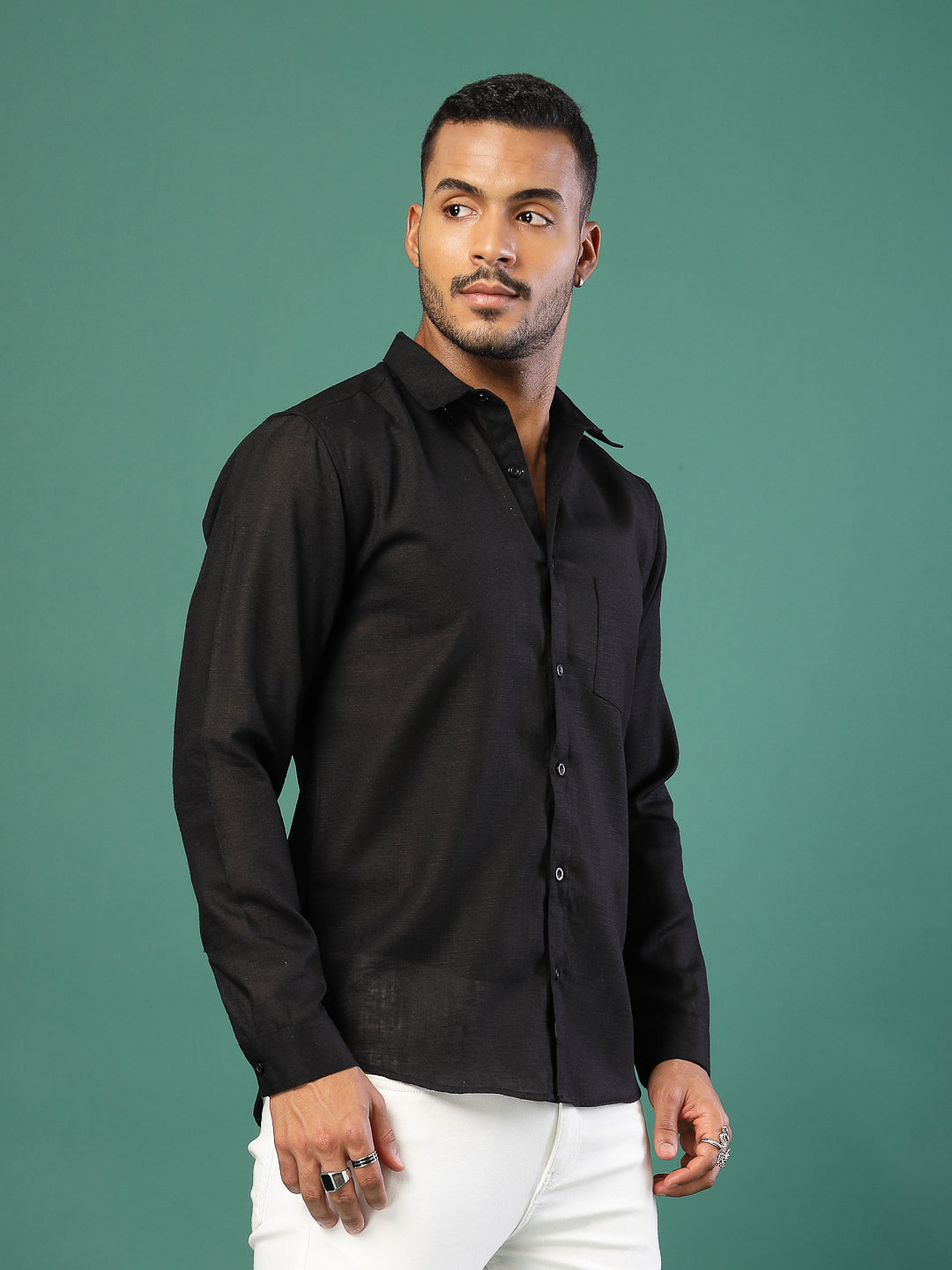 Men Cotton Fabric Linen Cutaway Collar Shirt