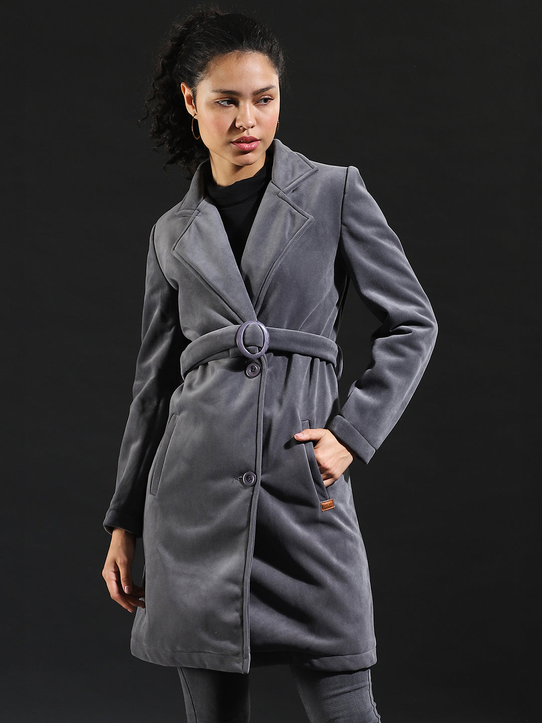 Women Grey Belted-Brushed Long Coat