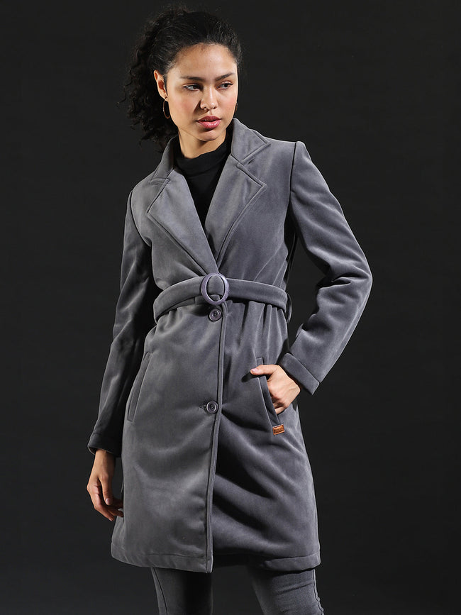 Women Grey Belted-Brushed Long Coat