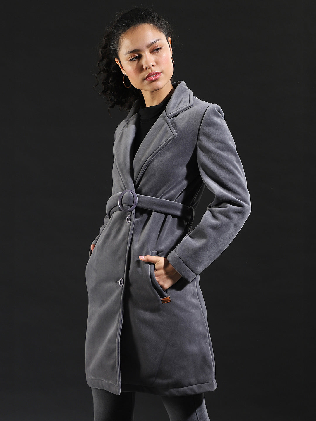 Women Grey Belted-Brushed Long Coat