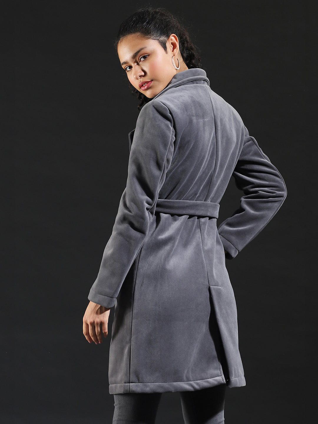 Women Grey Belted-Brushed Long Coat