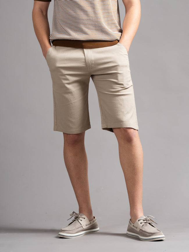Men Solid Beige Linen Shorts