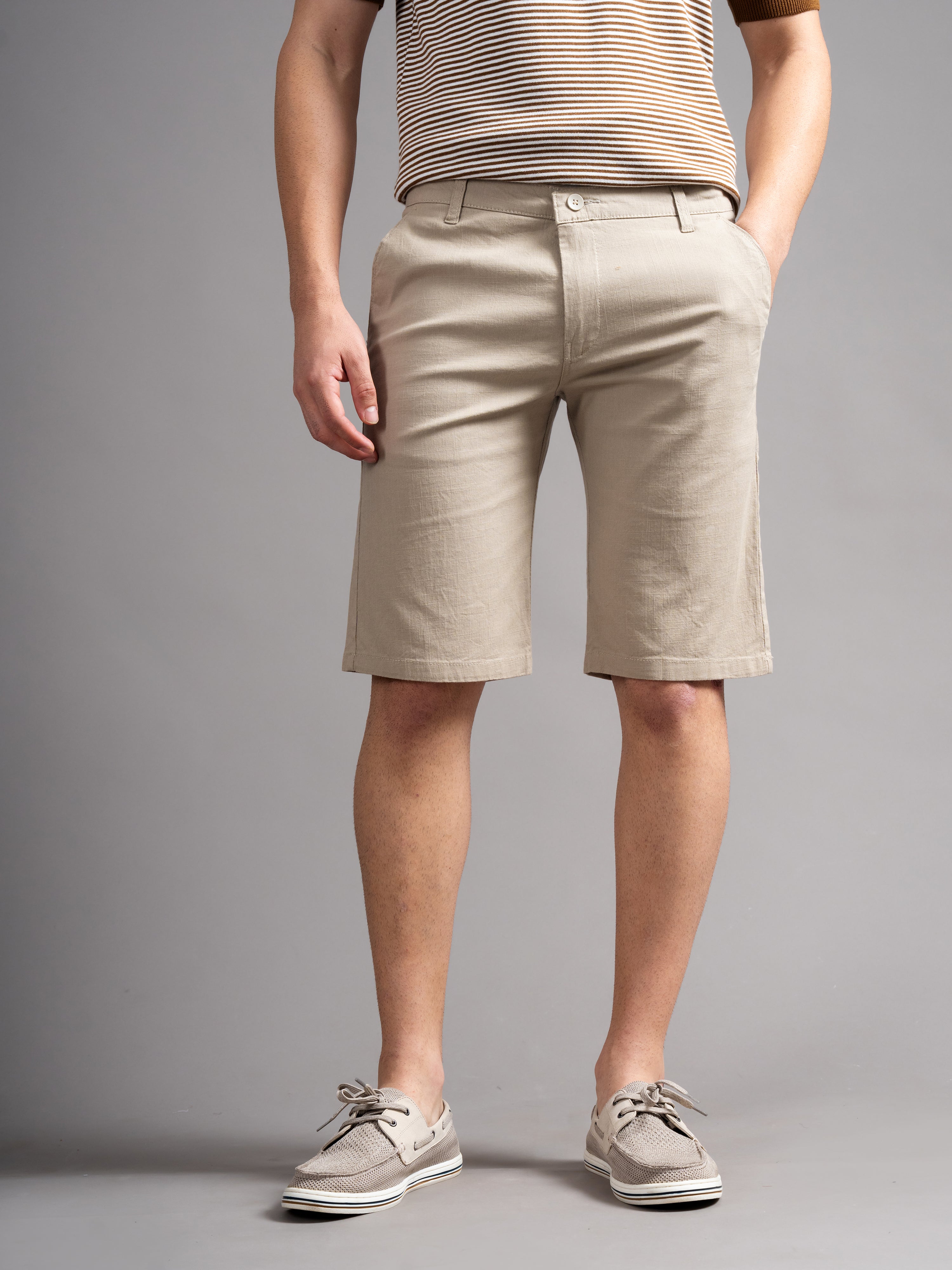 Men Solid Beige Linen Shorts