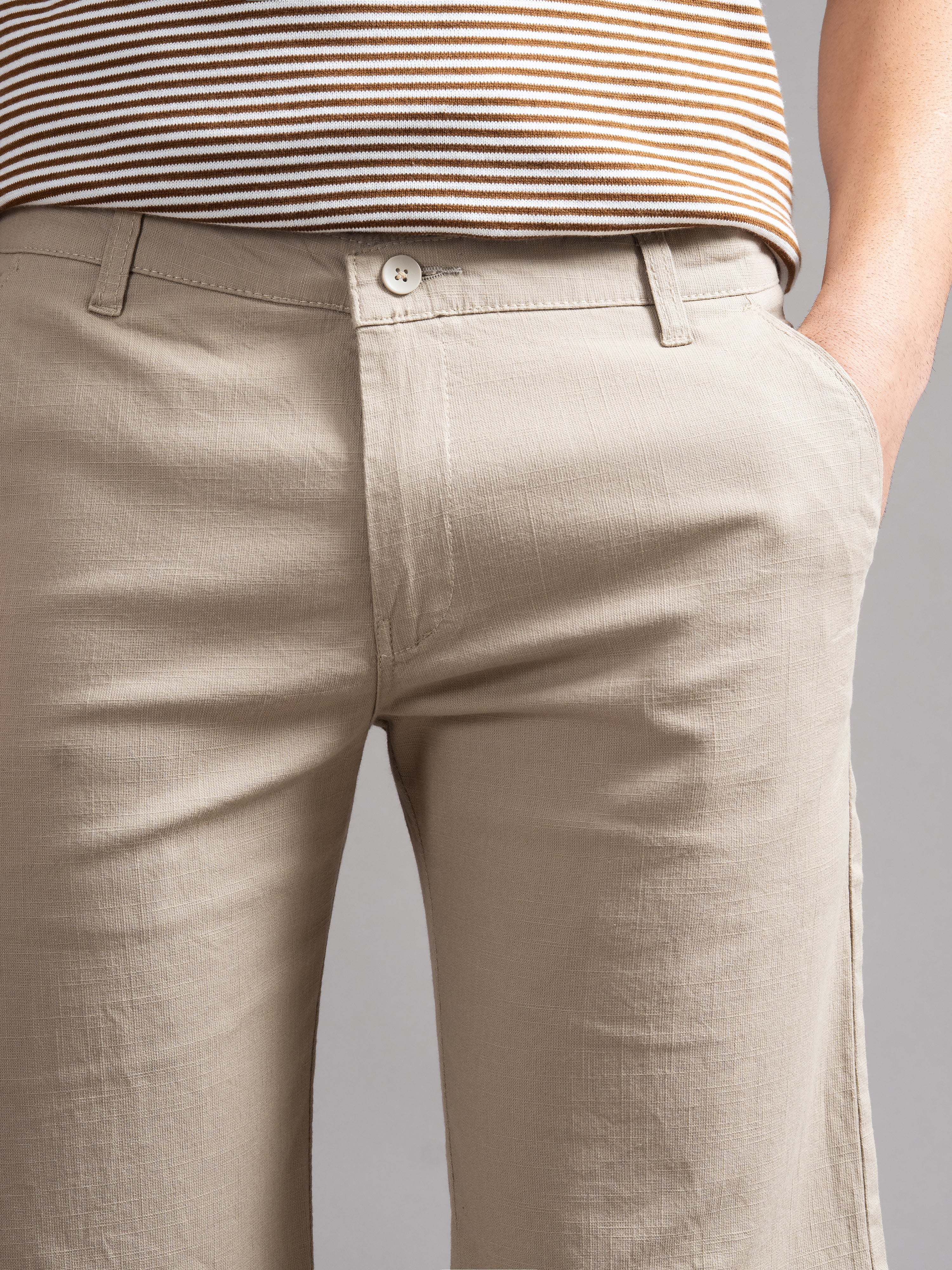 Men Solid Beige Linen Shorts