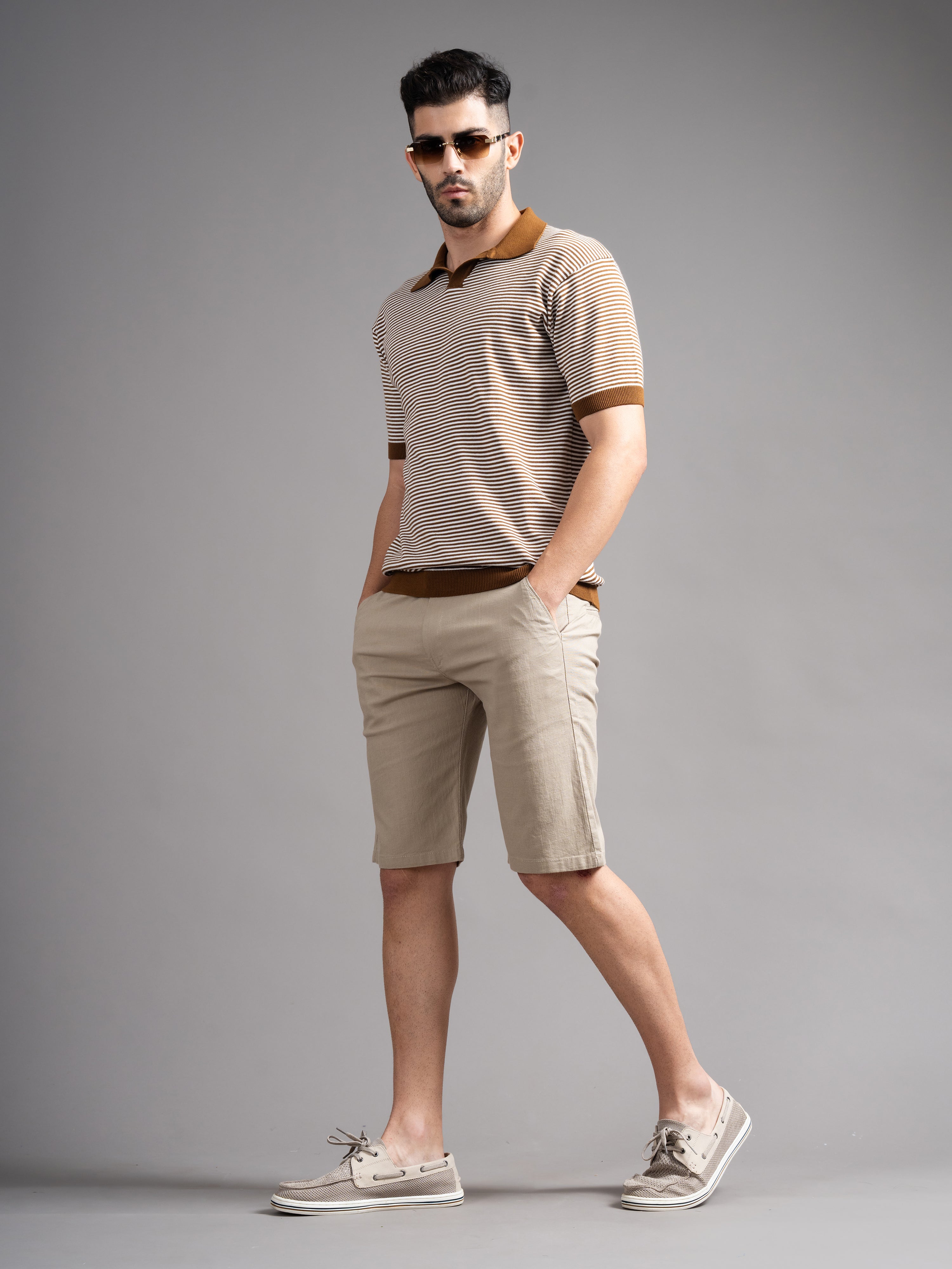 Men Solid Beige Linen Shorts