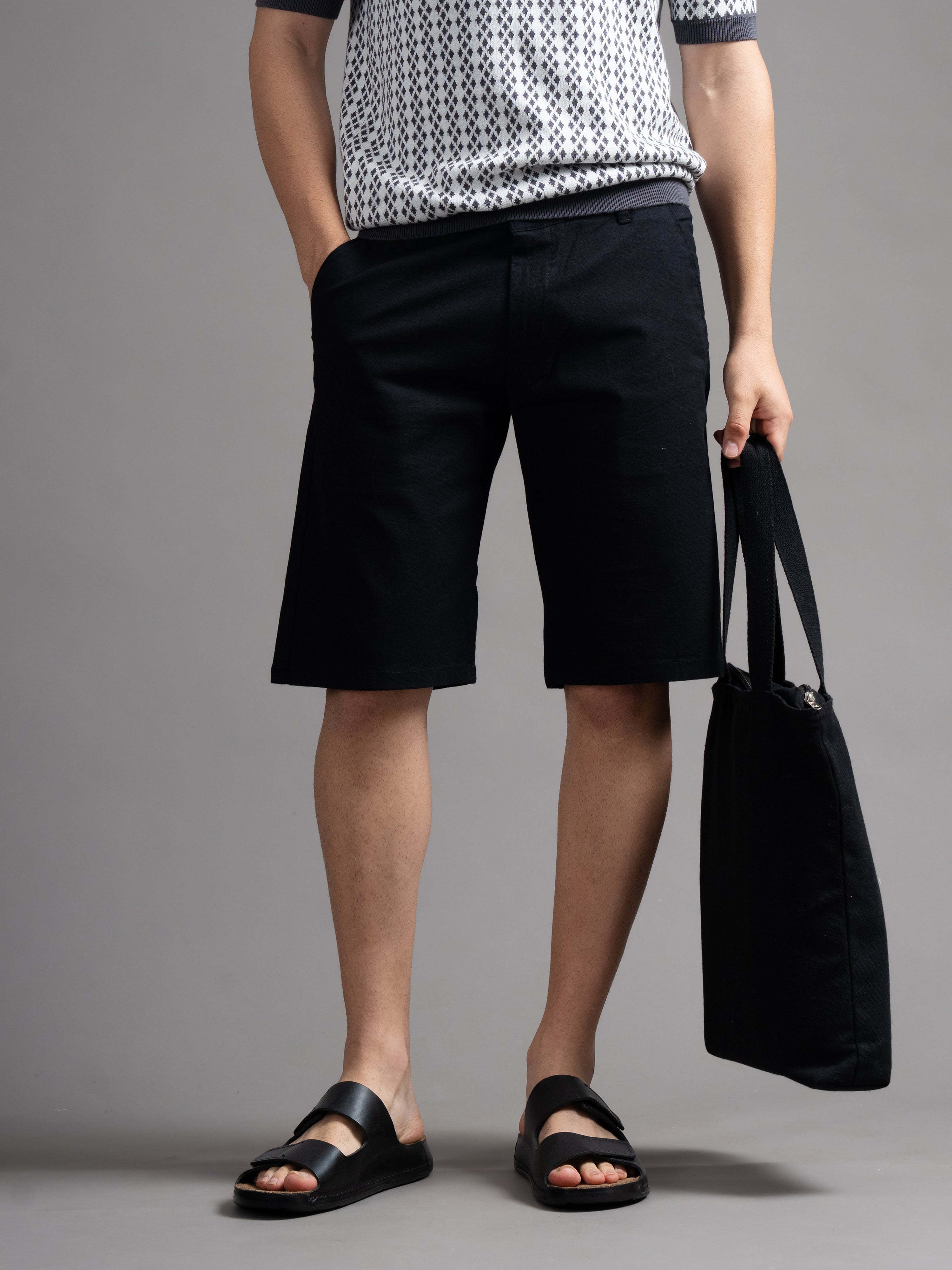 Men Solid Black Linen Shorts