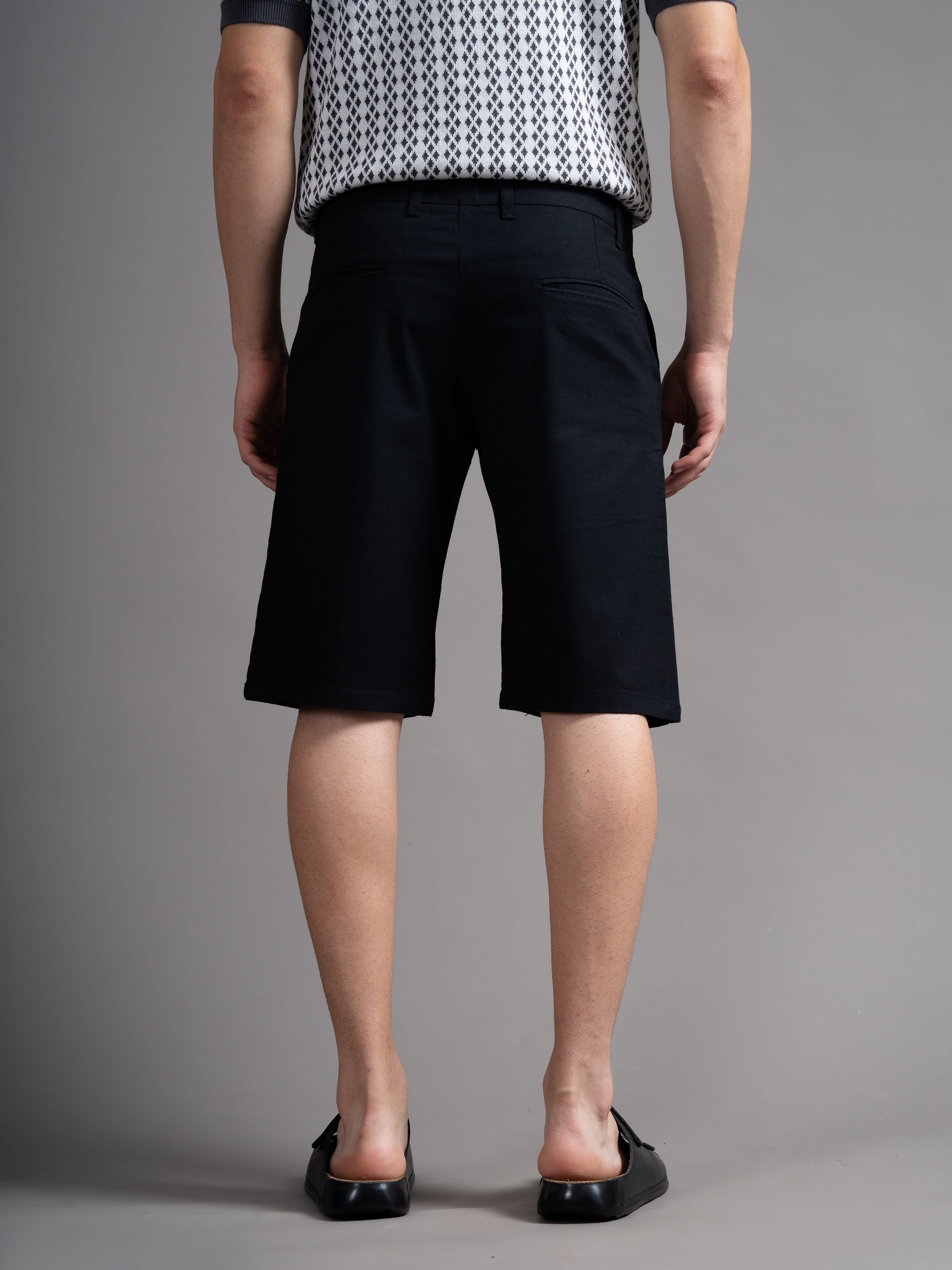 Men Solid Black Linen Shorts