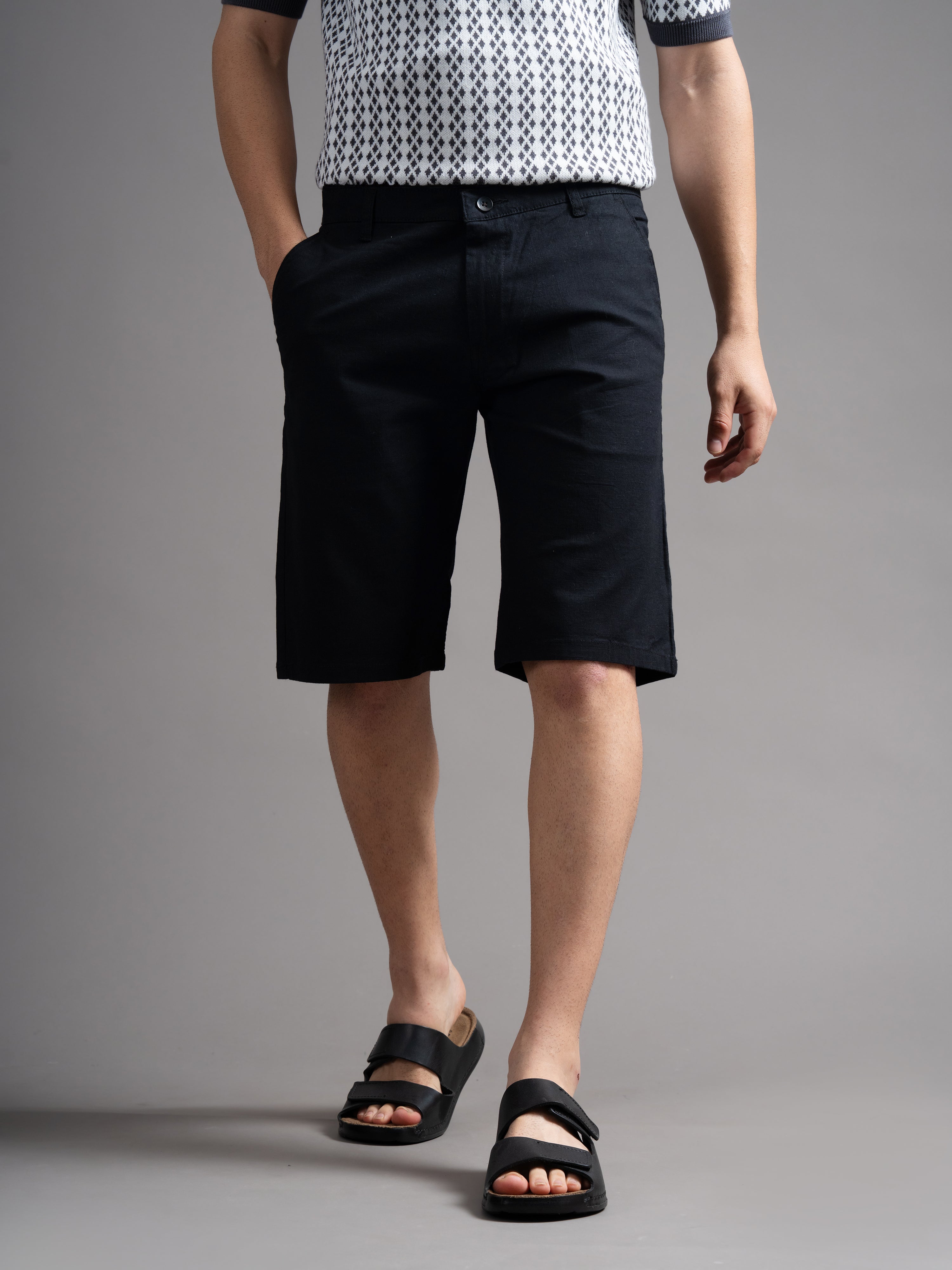 Men Solid Black Linen Shorts