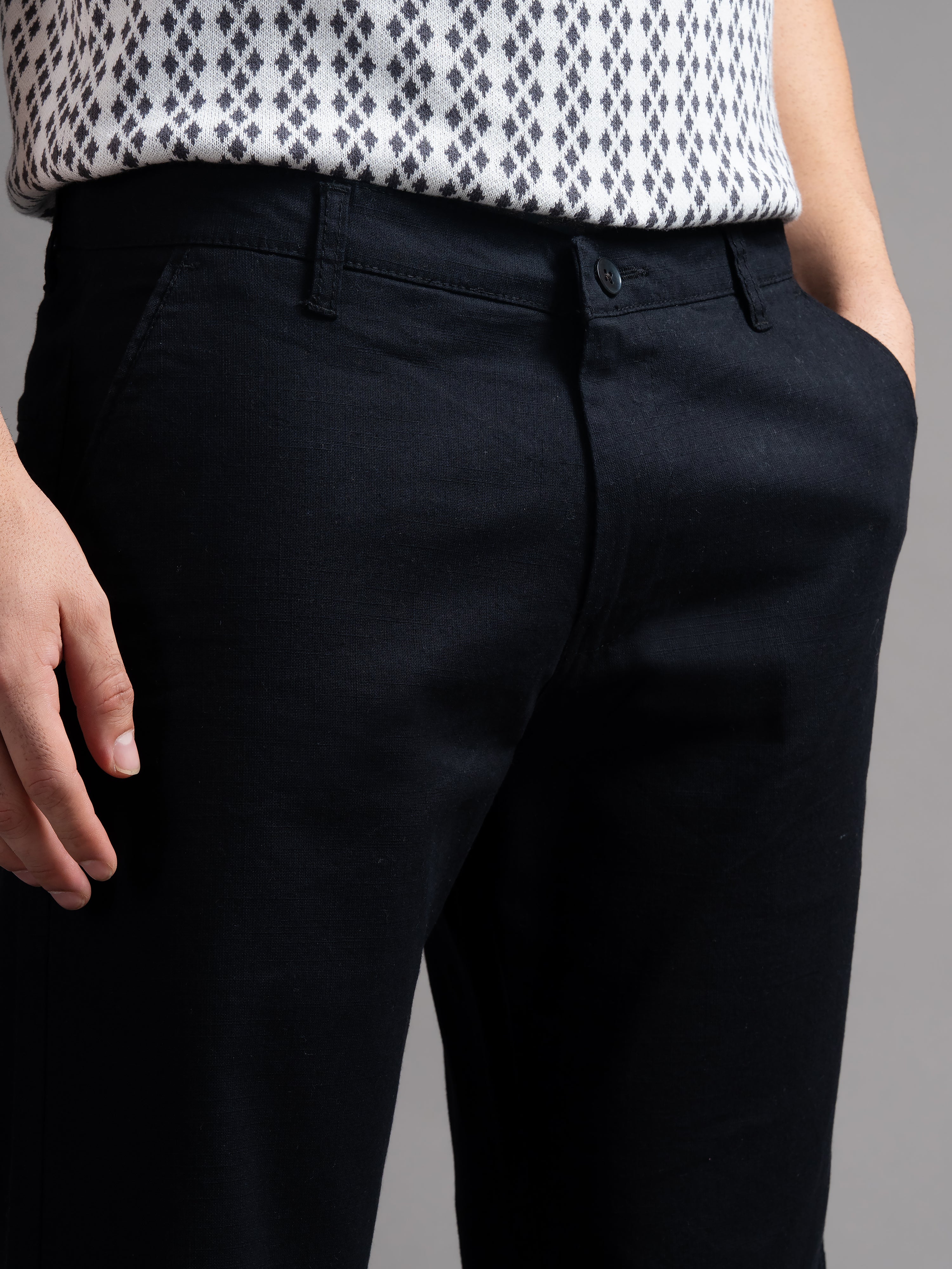 Men Solid Black Linen Shorts