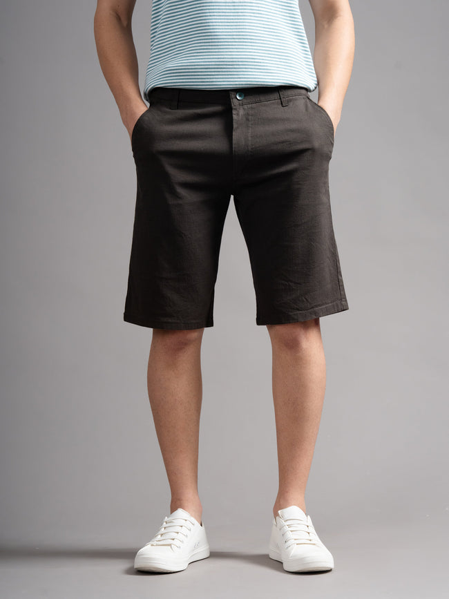 Men Solid Brown Linen Shorts